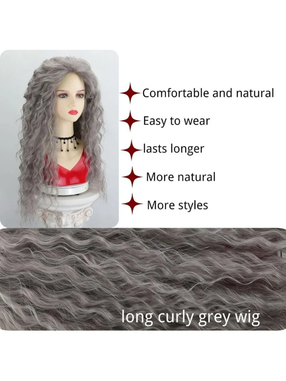 Long Curly Dark Grey Silver Synthetic Wig for Women - Natural Look, Stylish Hair